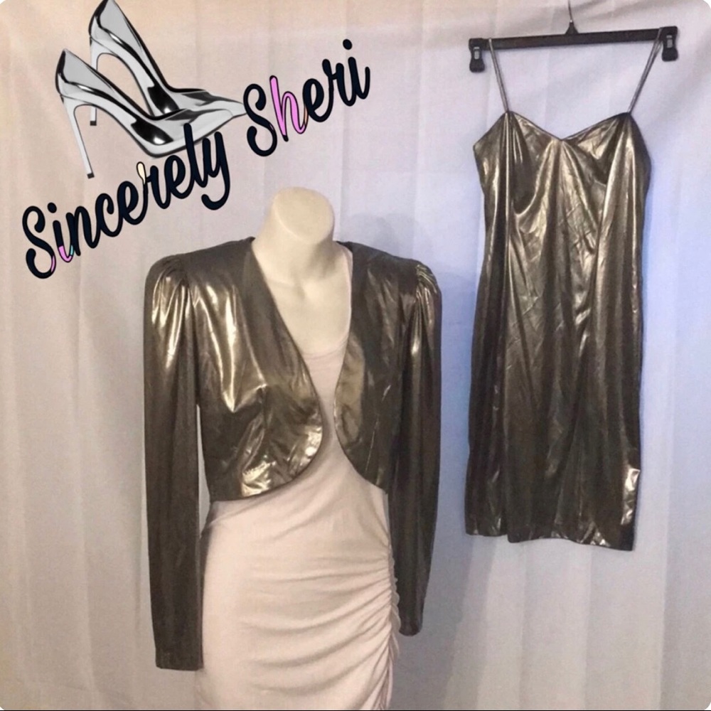 Vintage Shoulder Puff metallic Silver 2 piece Set